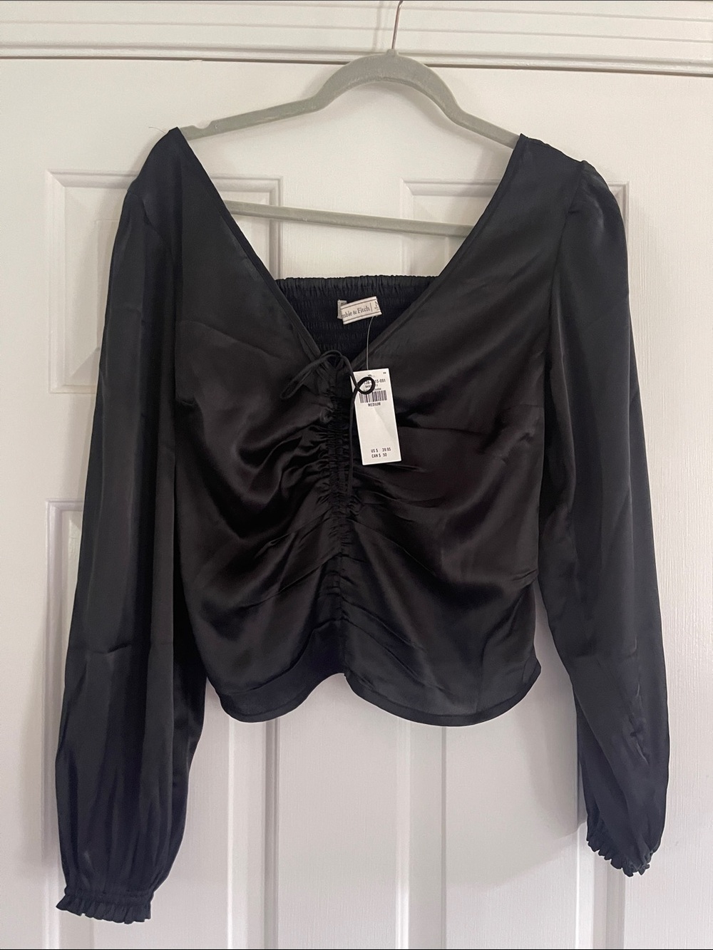 Abercrombie & Fitch Black Satin Ruched V-Neck Long Sleeve Blouse